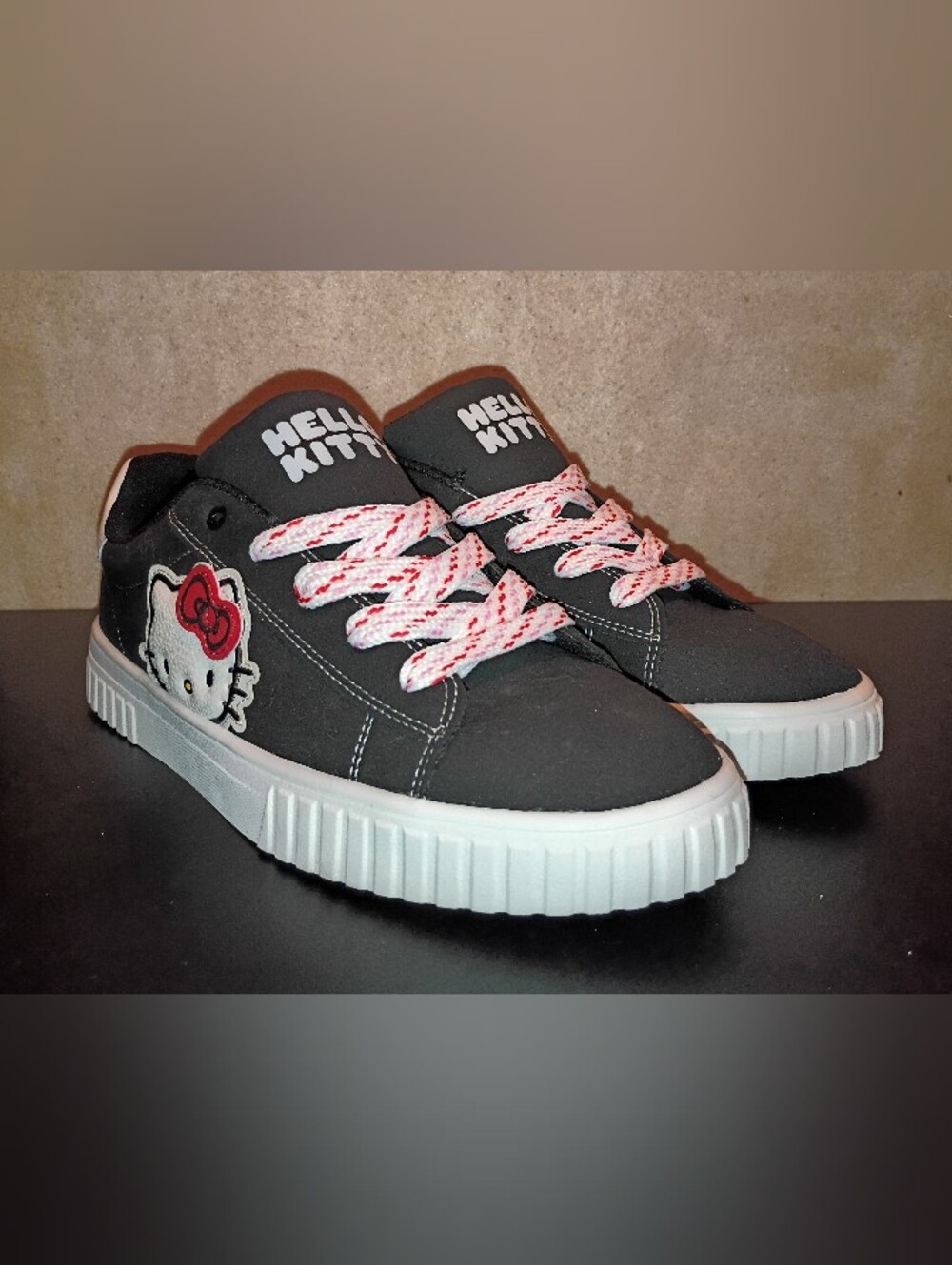 Hello Kitty Black Sneakers with White Soles and Pink Laces